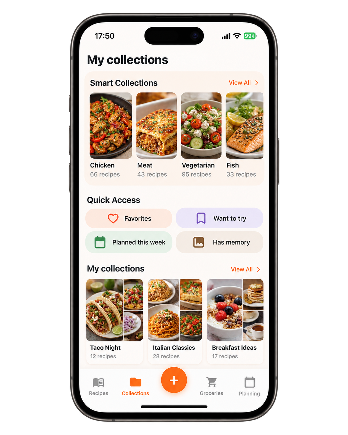 RecipeHub collections screen showing Smart Collections, Quick Access and My collections.
