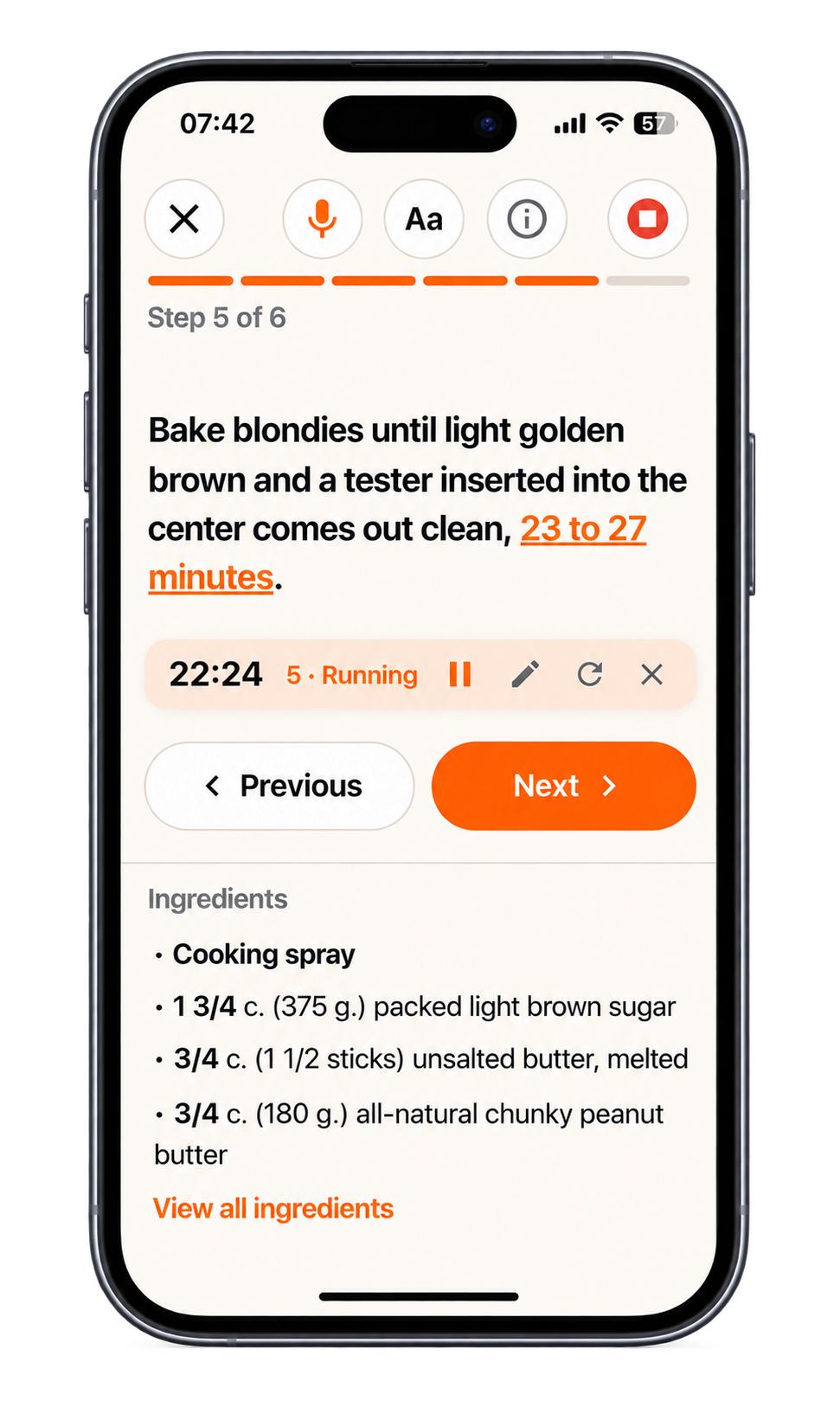 RecipeHub Cook Mode showing a cooking step, active timer, navigation controls, and ingredients.