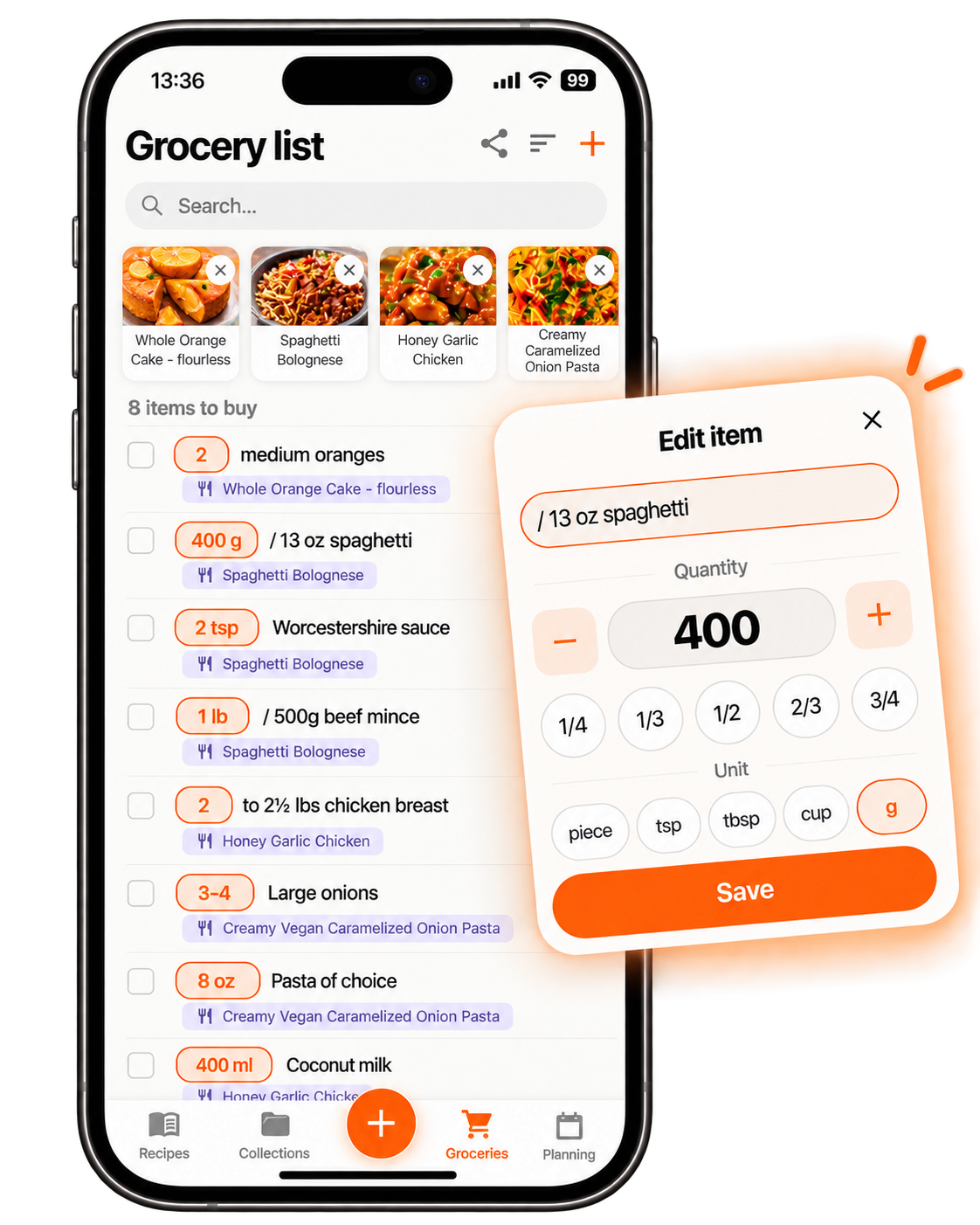 RecipeHub grocery list with recipes, shopping items, and an Edit item panel for changing quantities and units.