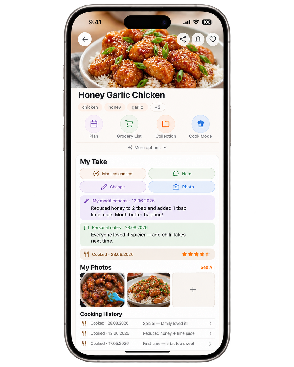 RecipeHub recipe with My Take: personal notes, changes, cooking photos, and cooking history.