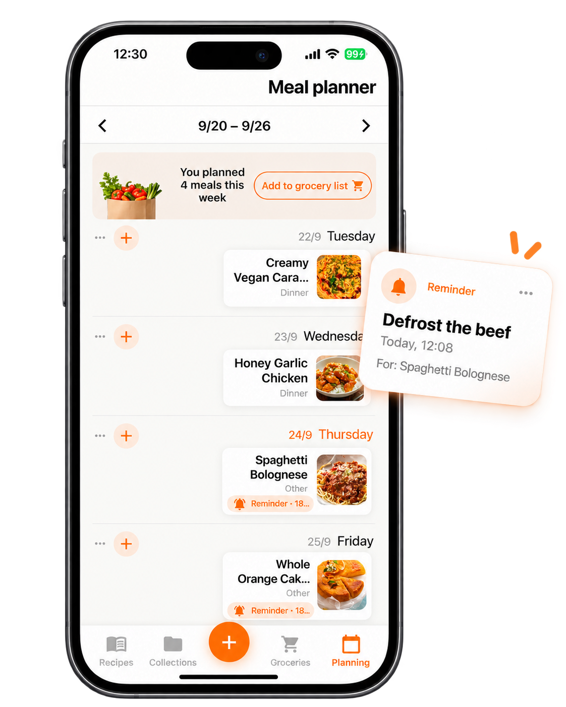 RecipeHub weekly meal planner with a reminder card: Defrost the beef, today, for Spaghetti Bolognese.